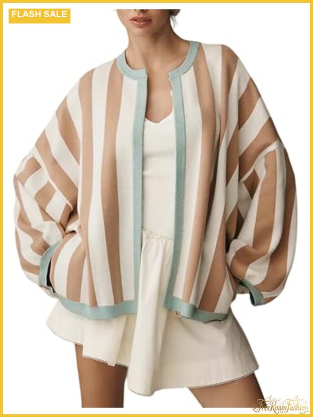 Women's Loose Fit Striped Open Front Long Balloon Sleeve Knit Cardigan Sweater